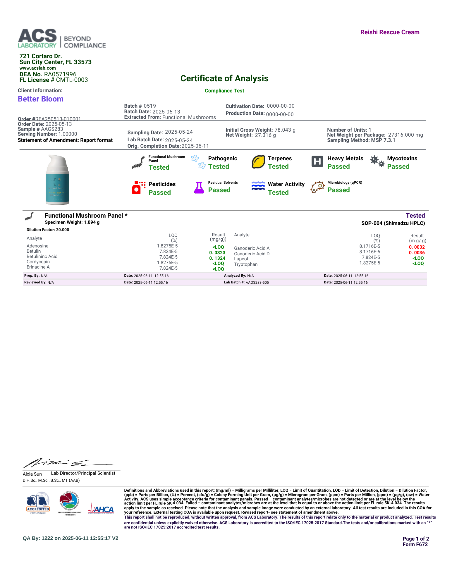Lab report, Certificate of Analysis for a product with a blue bottle on a white background
