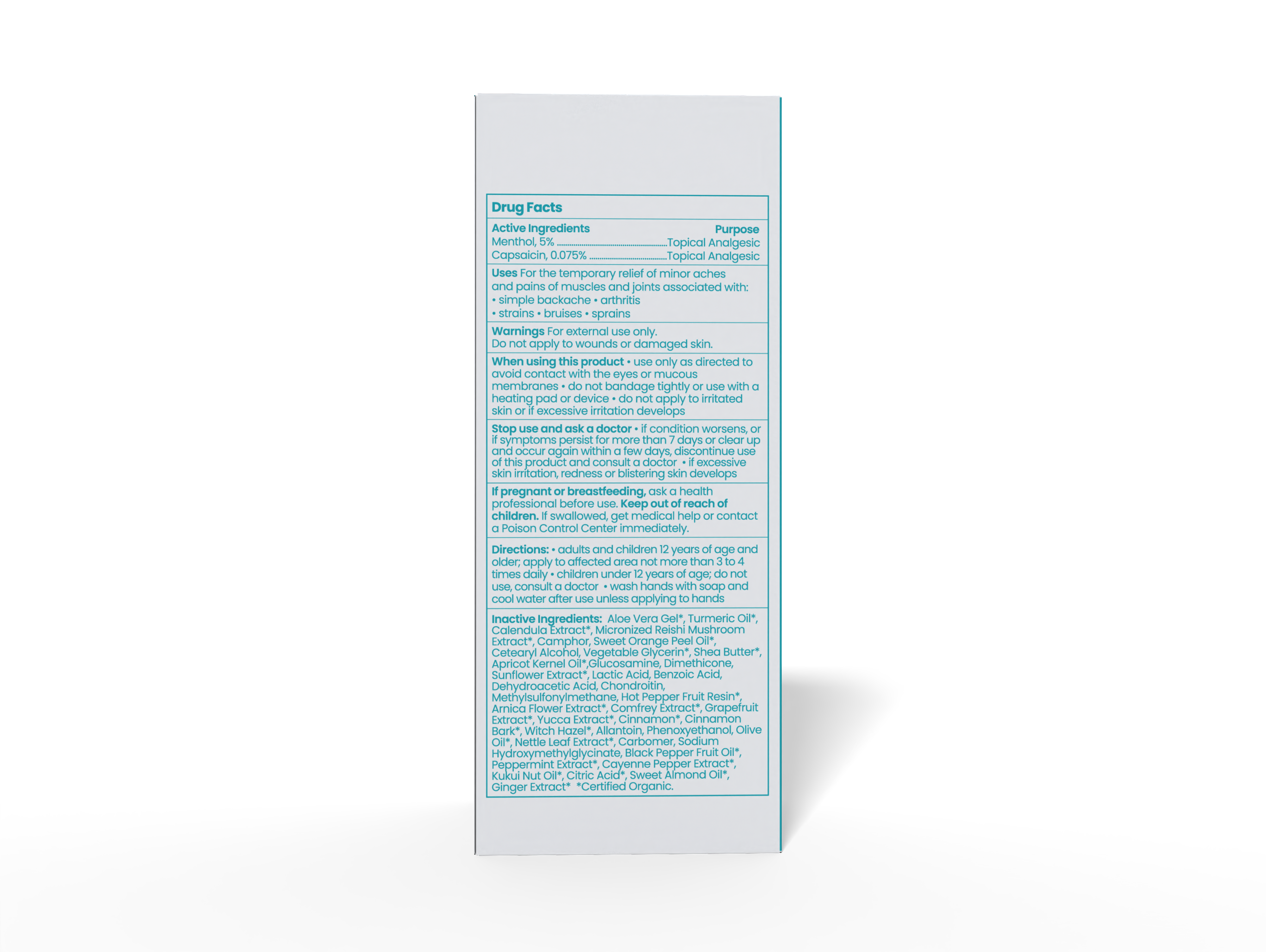 Product label with text on a white background